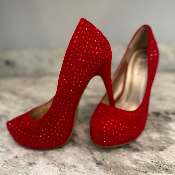 Red Glitter, Rhinestone Platform Pumps Sz - Picture 11 of 12